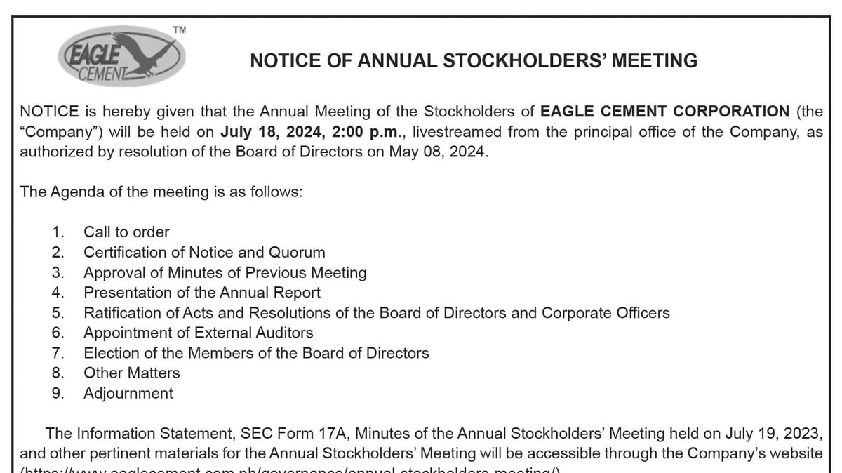 Eagle Cement Corp. - Notice of Annual Stockholders Meeting