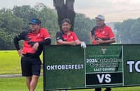 JUNIOR golf overseers (from left), Oliver Gan, Mikey Arroyo and Tommy Manotoc, take a break on the fairway during a recent game.