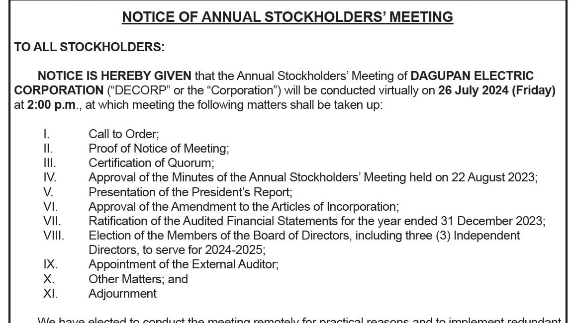 Notice of Annual stockholders' Meeting - Dagupan Electric Corporation