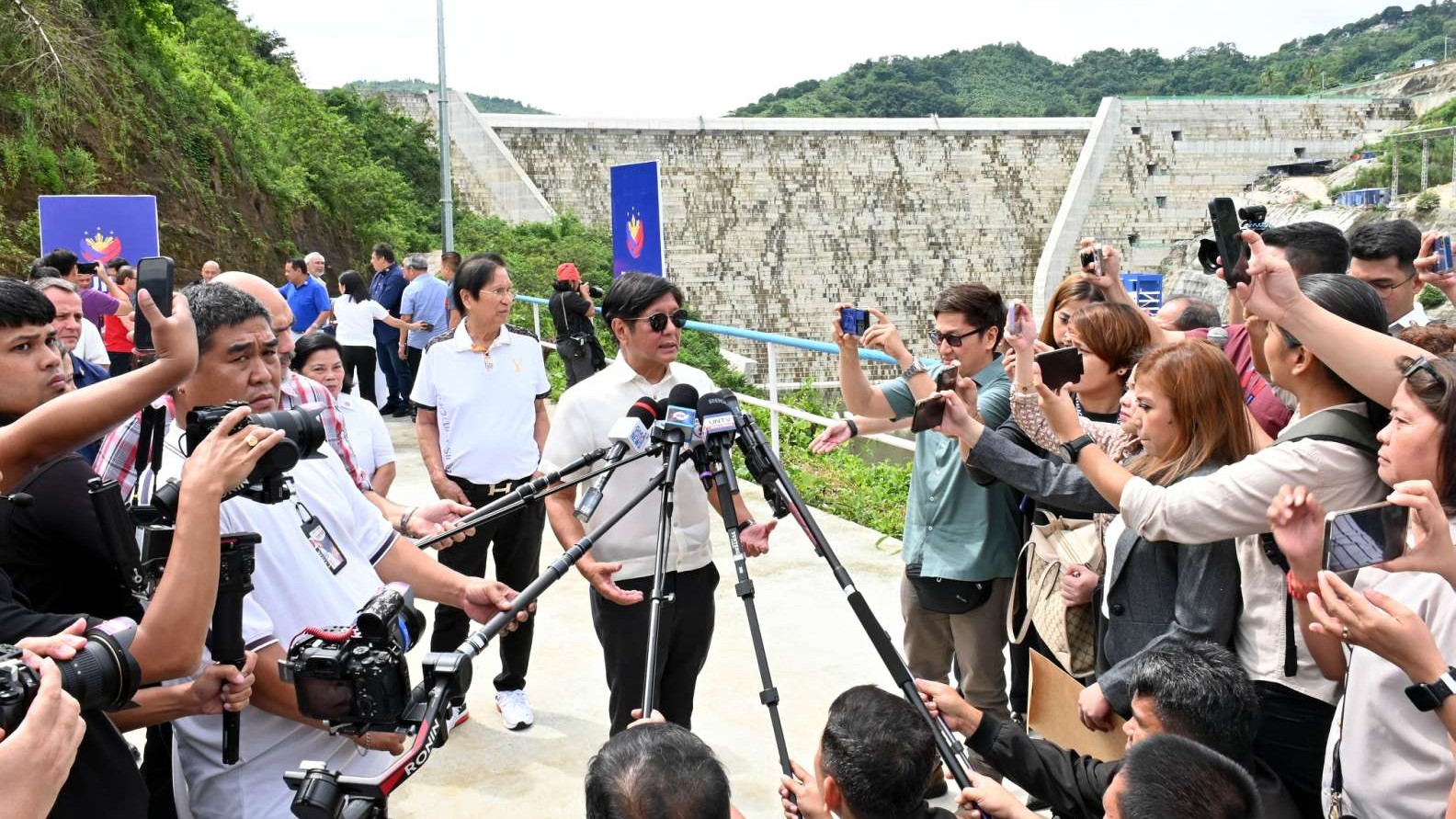 President Ferdinand Marcos Jr., with the members of Malacanang Press Corps., during an interview after the impounding process ceremony of the Upper Wawa Dam at Montalban, Rizal