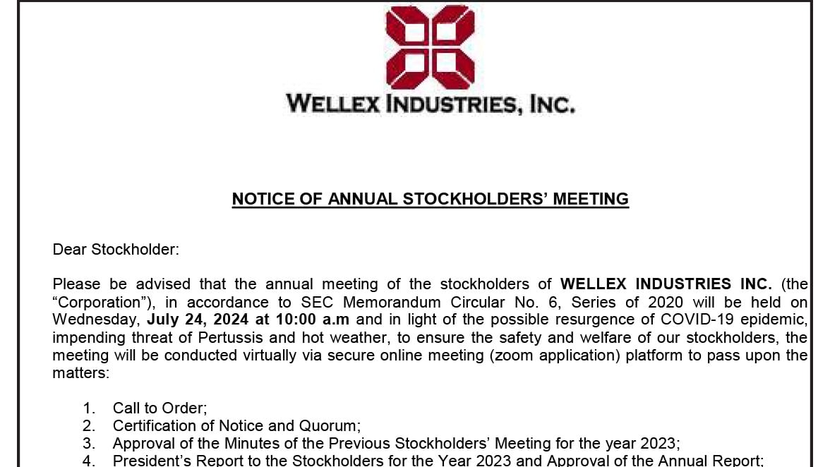 Notice of Annual Stockholders'Meeting - Wellex Industries, Inc.