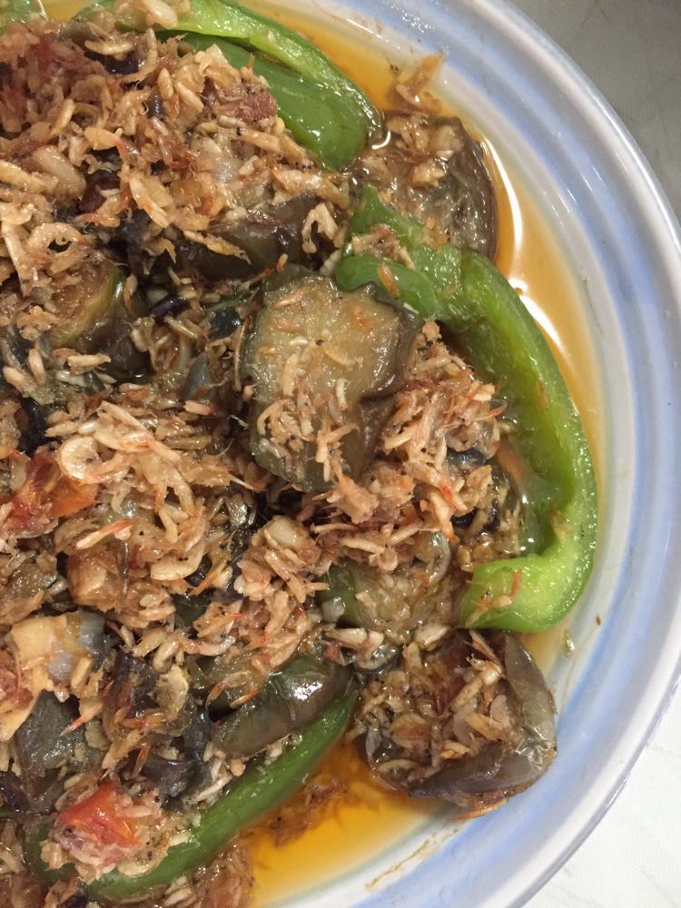 Ginisang alamang na gaspang, made of freshwater shrimps and sliced eggplant and tomatoes.