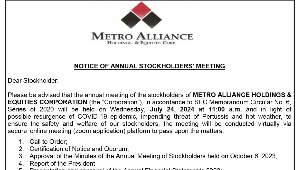 Notice of Annual Stockholders'Meeting - Metro Alliance Holdings & Equities Corp.