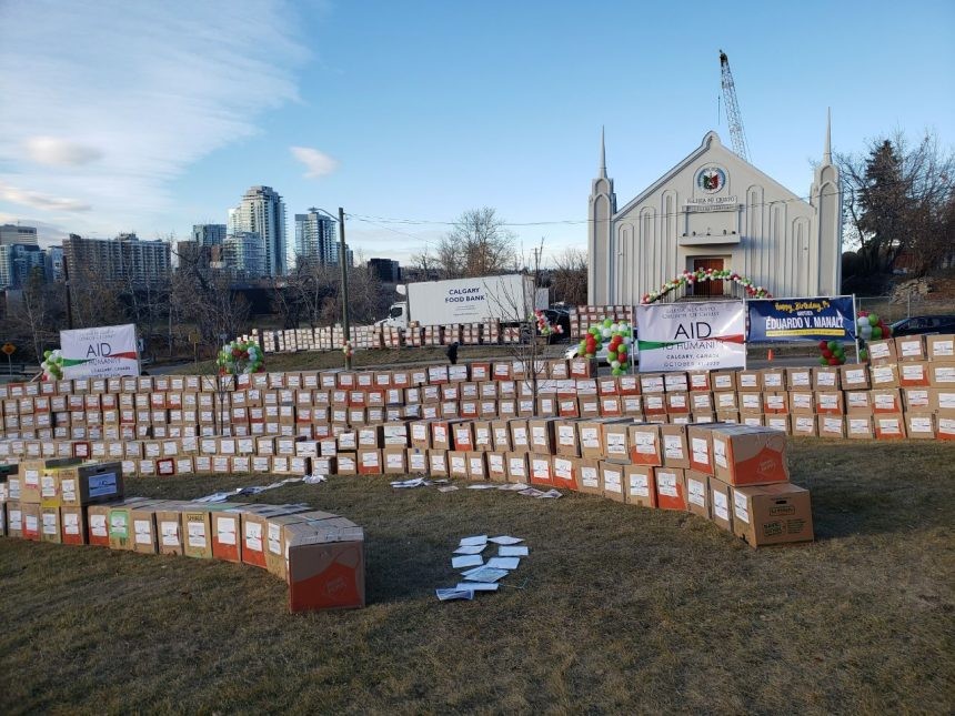 gift boxes are prepared in front of Iglesia ni Cristo Church in Sacramento, Texas, to be given away to the community.