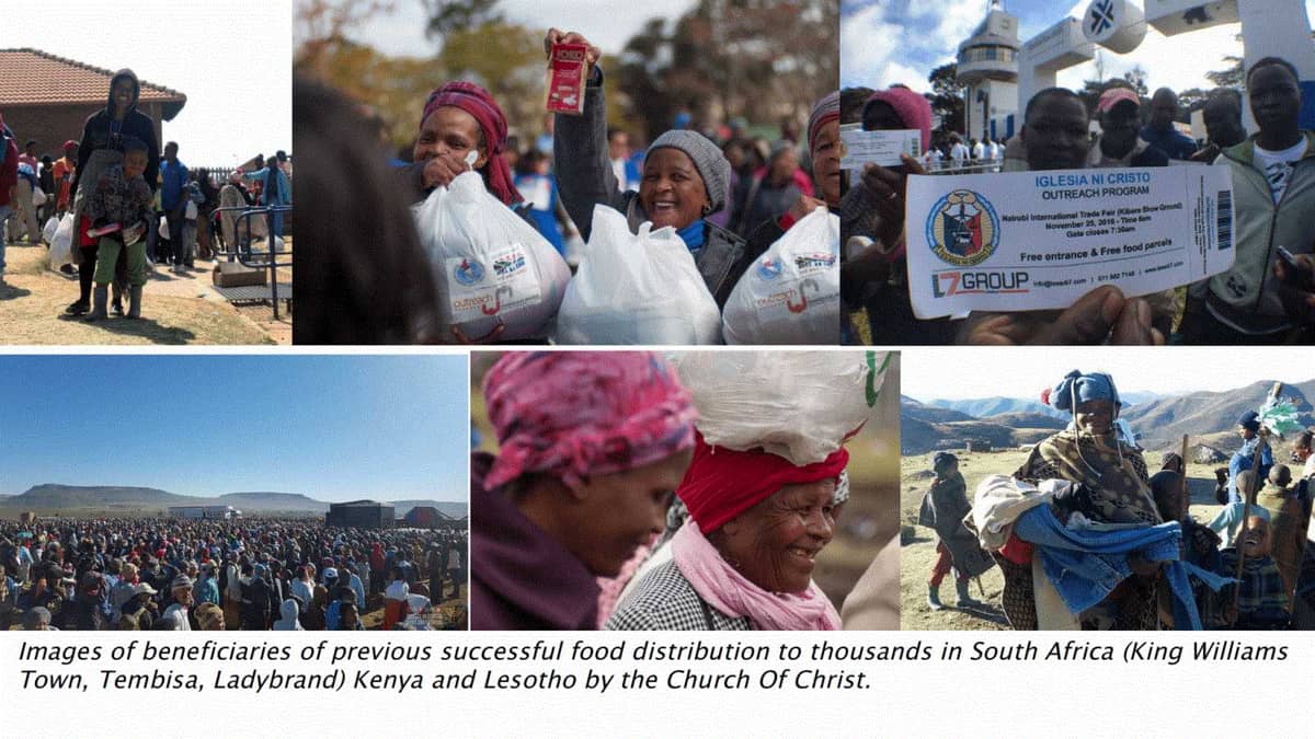 Images of food distribution in King Williams Town, Tembiza, Ladybrand, South Africa, and Nairobi, Kenya and Lesotho by members of Iglesia ni Cristo.