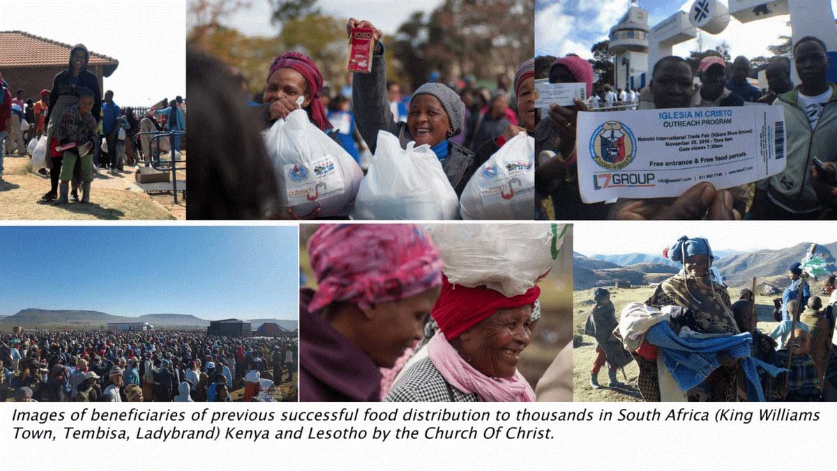 Images of food distribution in King Williams Town, Tembiza, Ladybrand, South Africa, and Nairobi, Kenya and Lesotho by members of Iglesia ni Cristo.