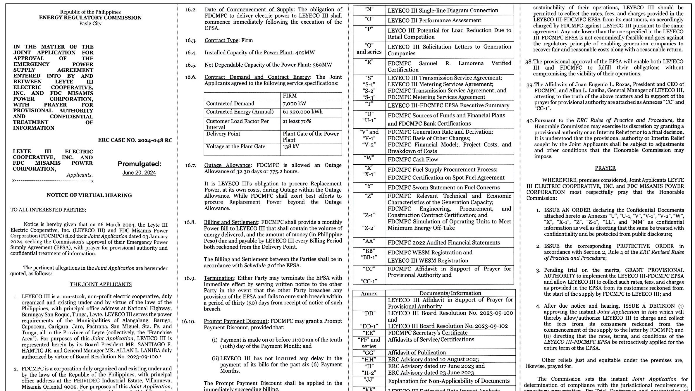 Notice of Virtual Hearing - Leyte III Electric Cooperative, Inc. & FDC Misamis Power Corporation.