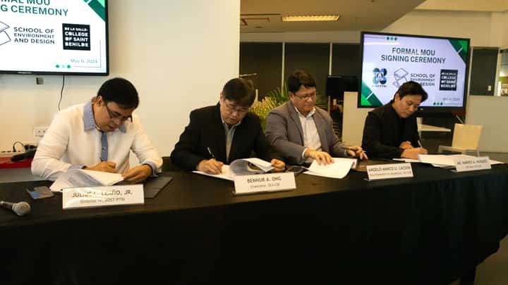 (FROM left) DOST-PTRI Director IV Dr. Julius Leaño Jr., Benilde chancellor Benhur Ong, Benilde vice chancellor for academics Angelo Marco Lacson and Benilde SED Dean Ar. Harvey Vasquez sign the MoU during the ceremonial event held at Benilde Design+Arts Campus.