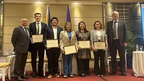 ATTENDING the 1st National Stakeholders Conference 2024 on the Green Climate Fund are (from left) DoF Undersecretary Joven Balbosa; Rodrigo Fermin Martinez, senior infrastructure specialist, ADB; Angelo Kairos dela Cruz, executive director, ICSC; Dr. Marqueza Cathalina L. Reyes, MHIBFEWS board secretary and national project manager; CCC Commissioner Rachel Anne Herrera; DoF Undersecretary Maria Luwalhati Dorotan-Tiuseco; and GGGI country representative for the Philippines Marcel Silvius.