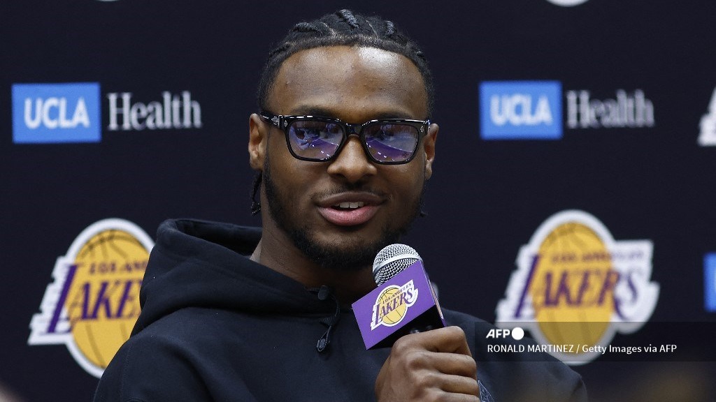 Bronny James, #9 of the Los Angeles Lakers, speaks with the media during a press conference at UCLA Health Training Center on 2 July 2024 in El Segundo, California. The Lakers selected Bronny James and Dalton Knecht in the 2024 NBA Draft.