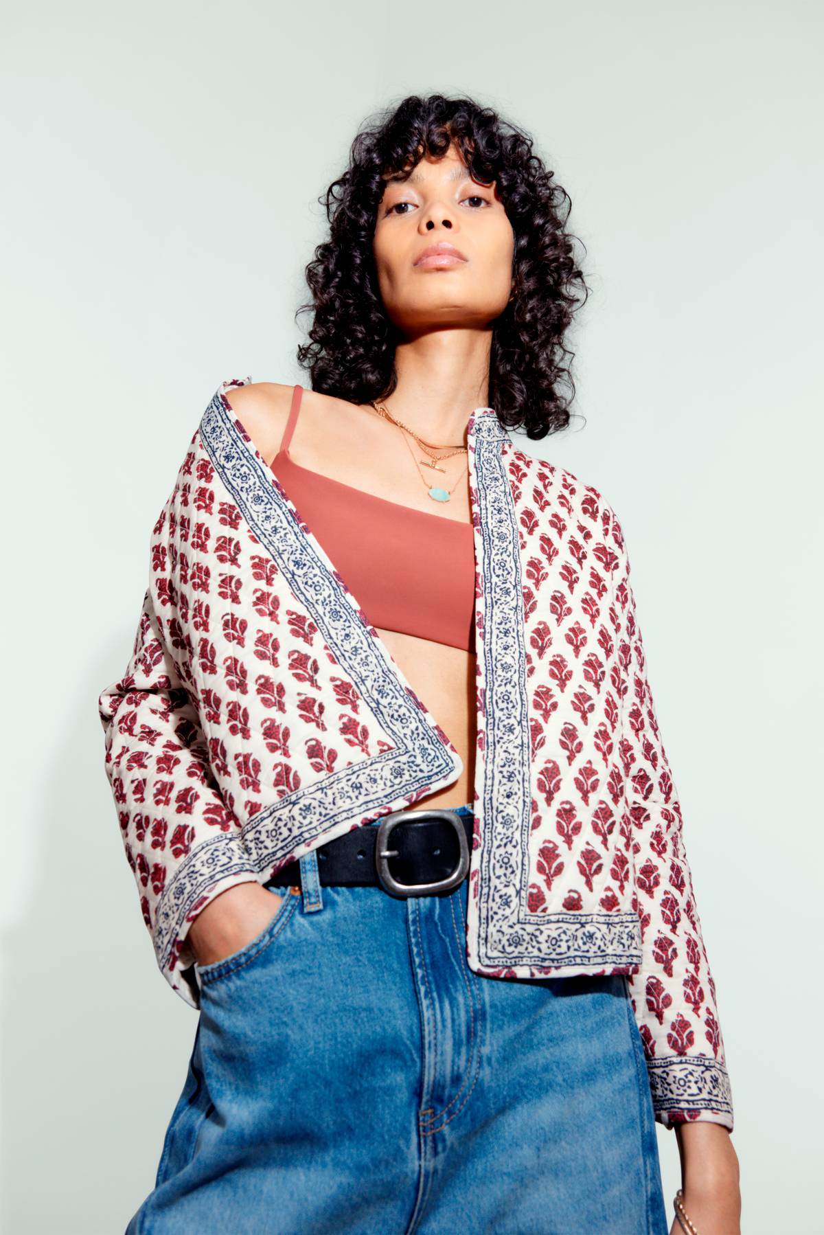 pure cotton fitted printed quilted jacket.