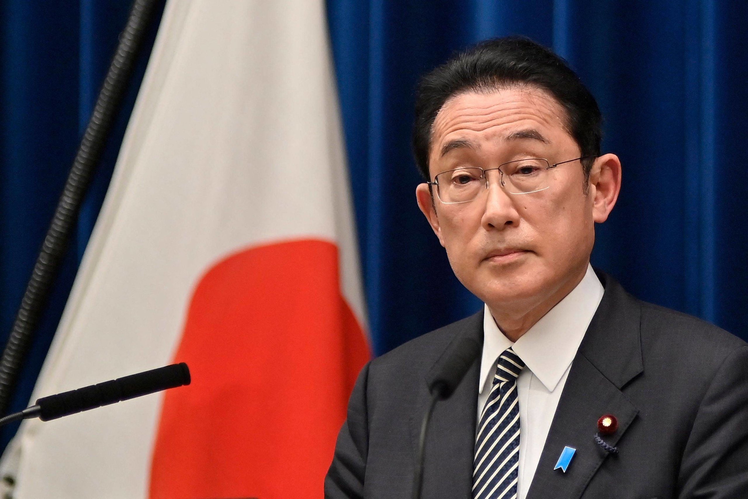 Japan's Prime Minister Fumio Kishida takes part in a press conference.