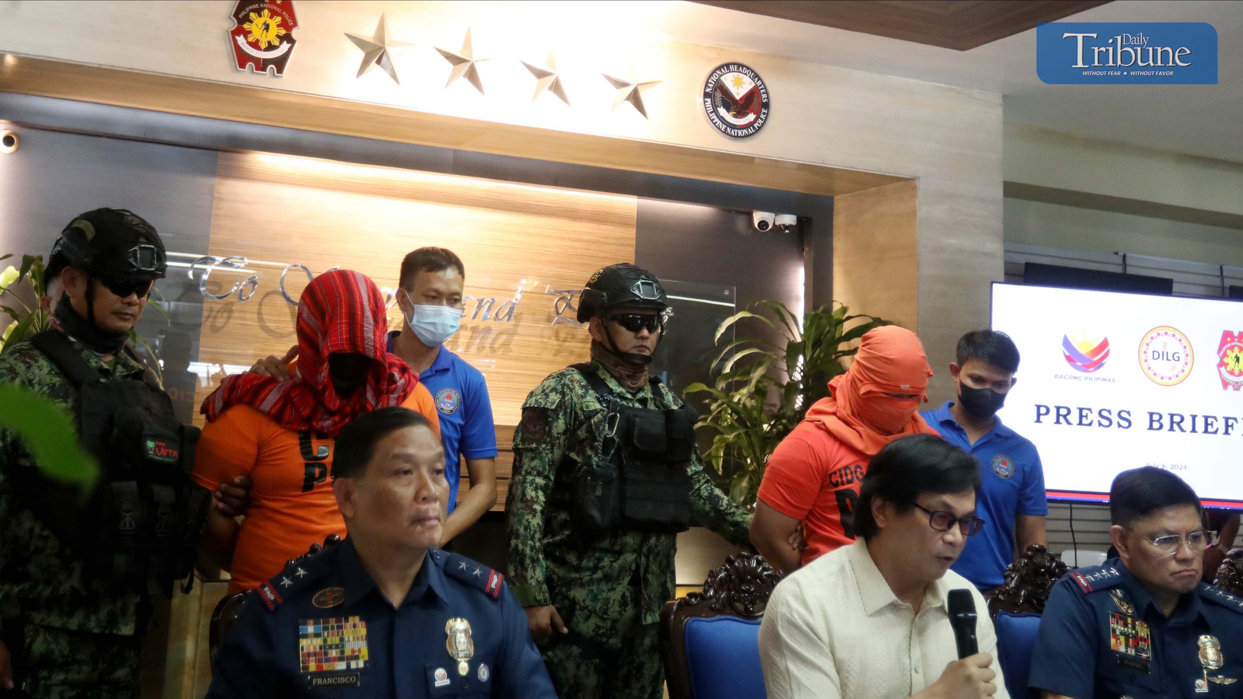 DILG SEC. Benhur Abalos, PNP Chief Director Gen. Rommel Marbil, and other officials presented the two suspects in the killing of Israeli National Yitshak Cohen and his beauty queen fiancee Geneva Lopez to the media on Monday, July 8, 2024, at the PNP Headquarters in Camp Crame in Quezon City