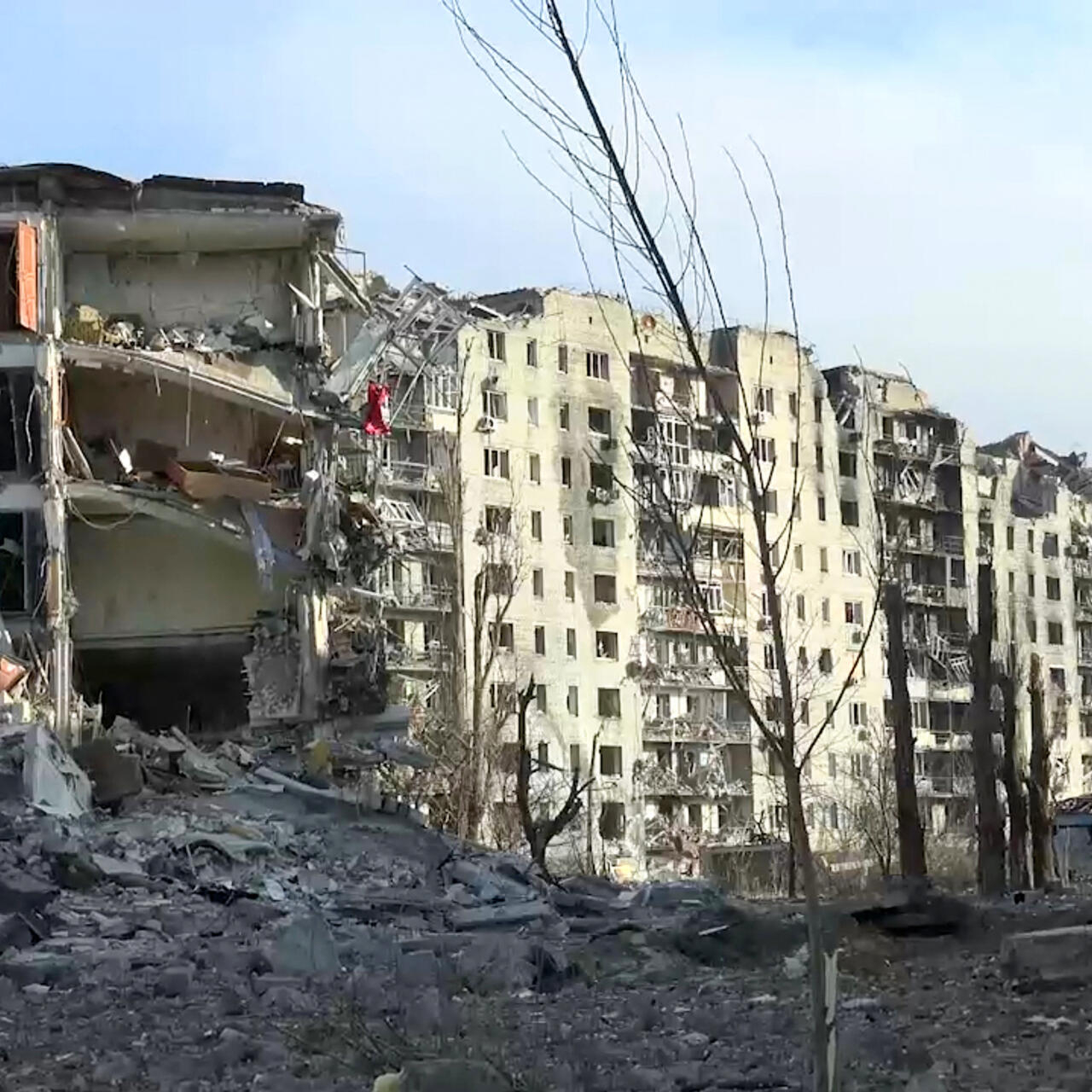 File photo: Destroyed residential buildings in eastern Ukraine's Avdiivka seen in handout footage posted on Telegram by Donetsk province's Moscow-appointed authorities on February 24, 2024.