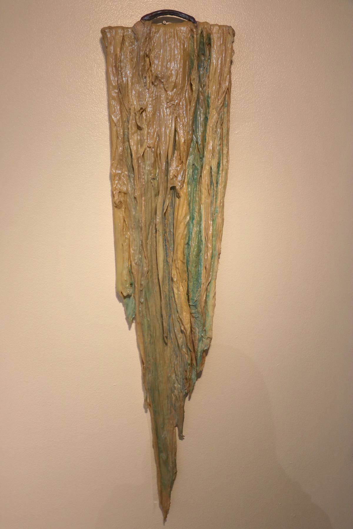 ‘Ice Water Bag’ by Heidi Bucher, 1986, textile, latex, white glue, color and mother-of-pearl pigment with handle, 129 x 34 x 4 cm.