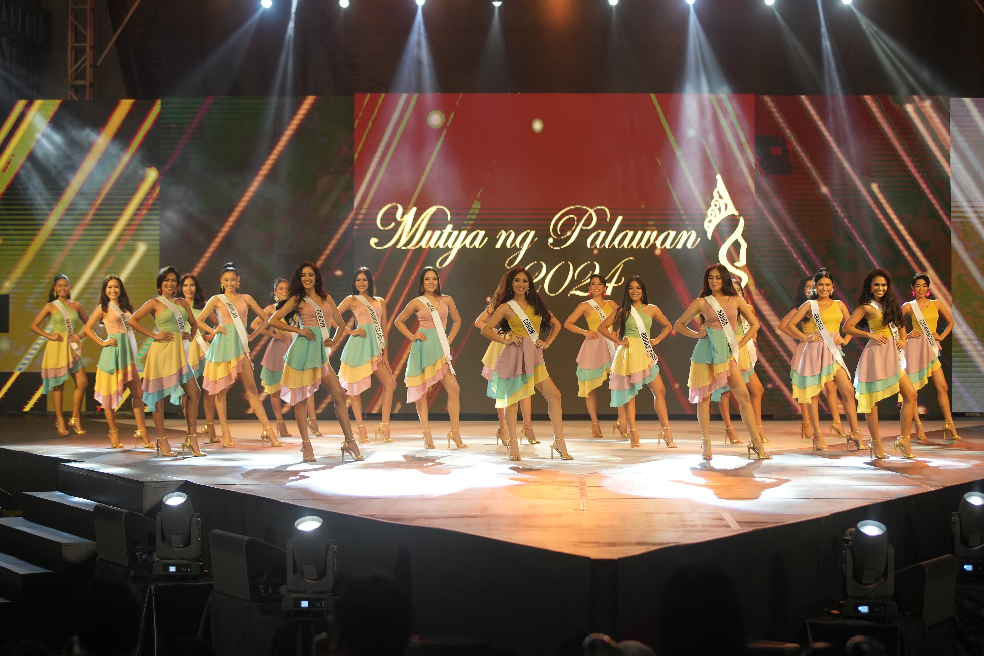 The 19 contestants for Mutya ng Palawan 2024 in their opening number dresses by Jor-El Espina.