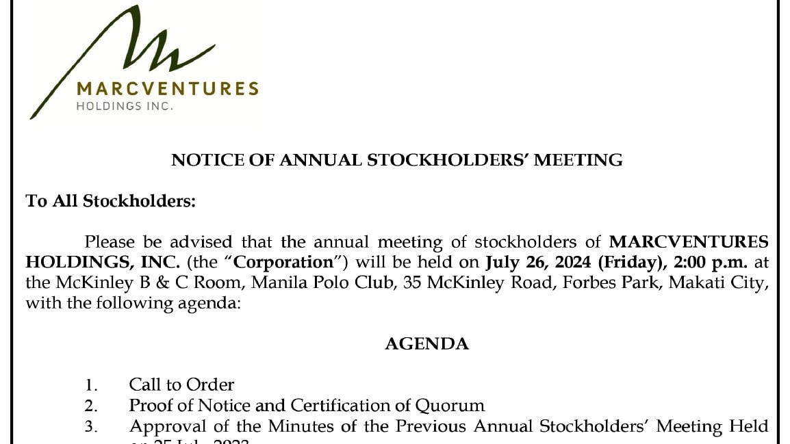 Notice of Annual Stockholders' Meeting - Marcventures Holdings Inc.