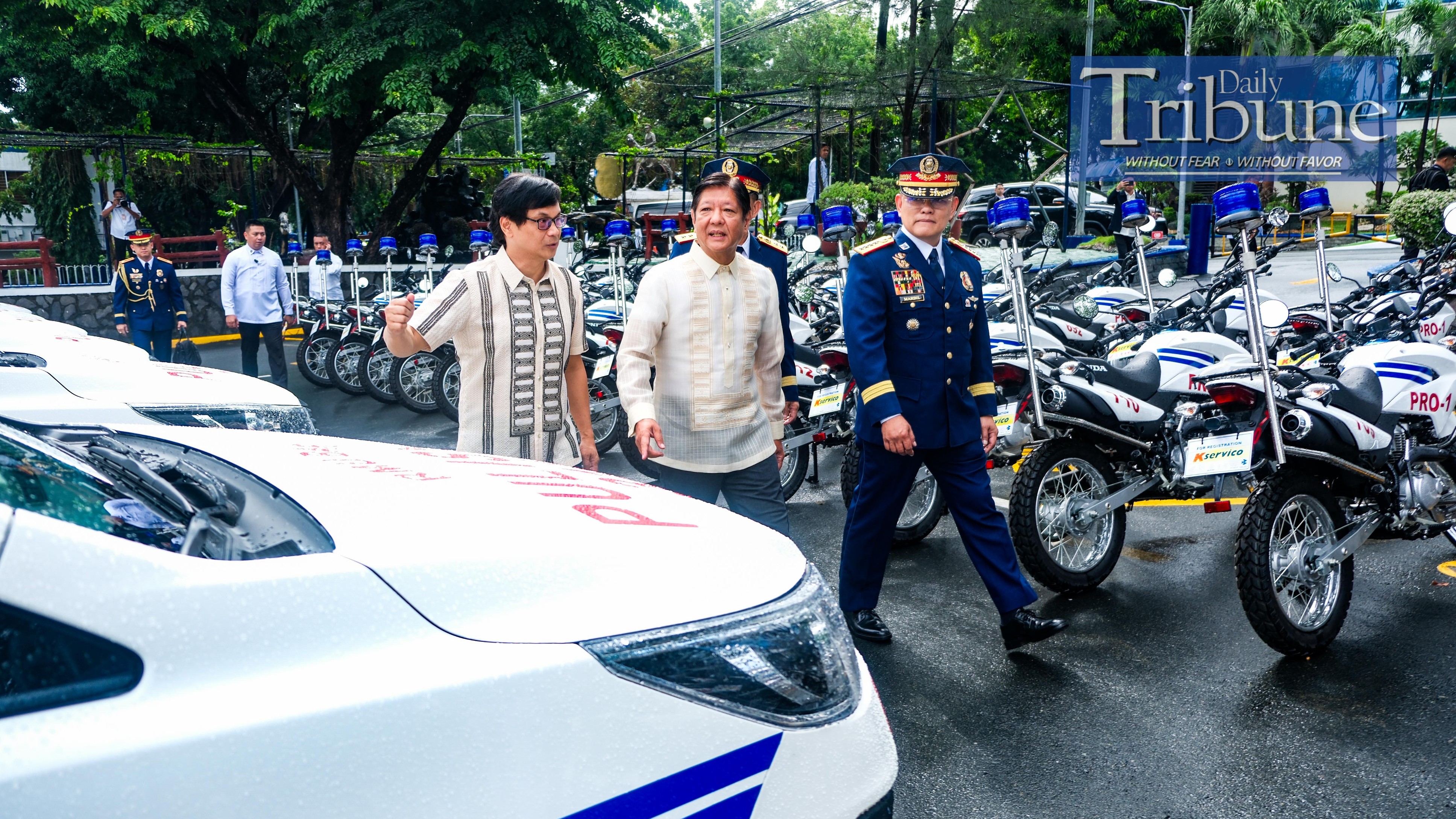 President Ferdinand R. Marcos Jr. inspects the PNP assets, joining him are DILG Secretary Benjamin Abalos, PNP Chief Rommel Marbil, and P/MGen Mario Reyes, PNP Director for Logistics, during the celebration of the 123rd Police Service Anniversary at the PNP Multi-Purpose Hall in Camp Crame on 8 August 2024.