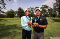 Zero Plete and Alexis Nailga display their medals after conquering the 13-15 age category of the ICTSI JPGT Mindanao Series 3 at Del Monte Golf Club in Bukidnon.
