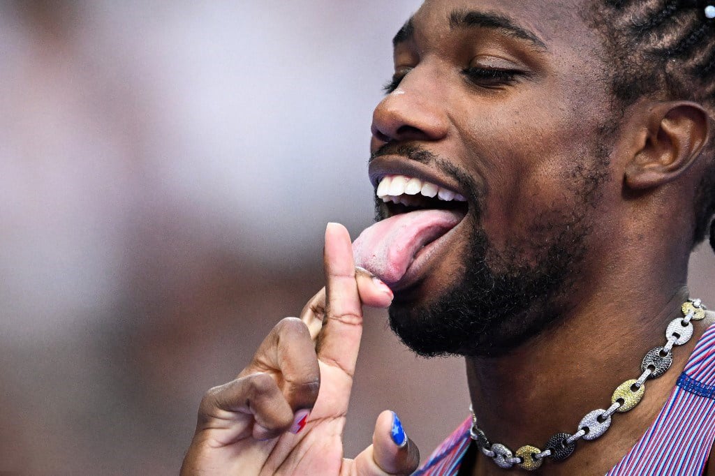 NOAH Lyles reacts after formally advancing to the final round of the men’s 200-meter event of the Paris Olympics.