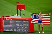 SYDNEY Mclaughlin-Levrone celebrates after setting the new world record in the women’s 400m hurdles of the Paris Olympics.
