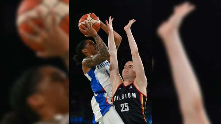 GABBY Garcia (left) fires nine of her 18 points in overtime to lift France to an 81-75 win over Belgium in the semifinals of the women’s basketball event of the Paris Olympics.
