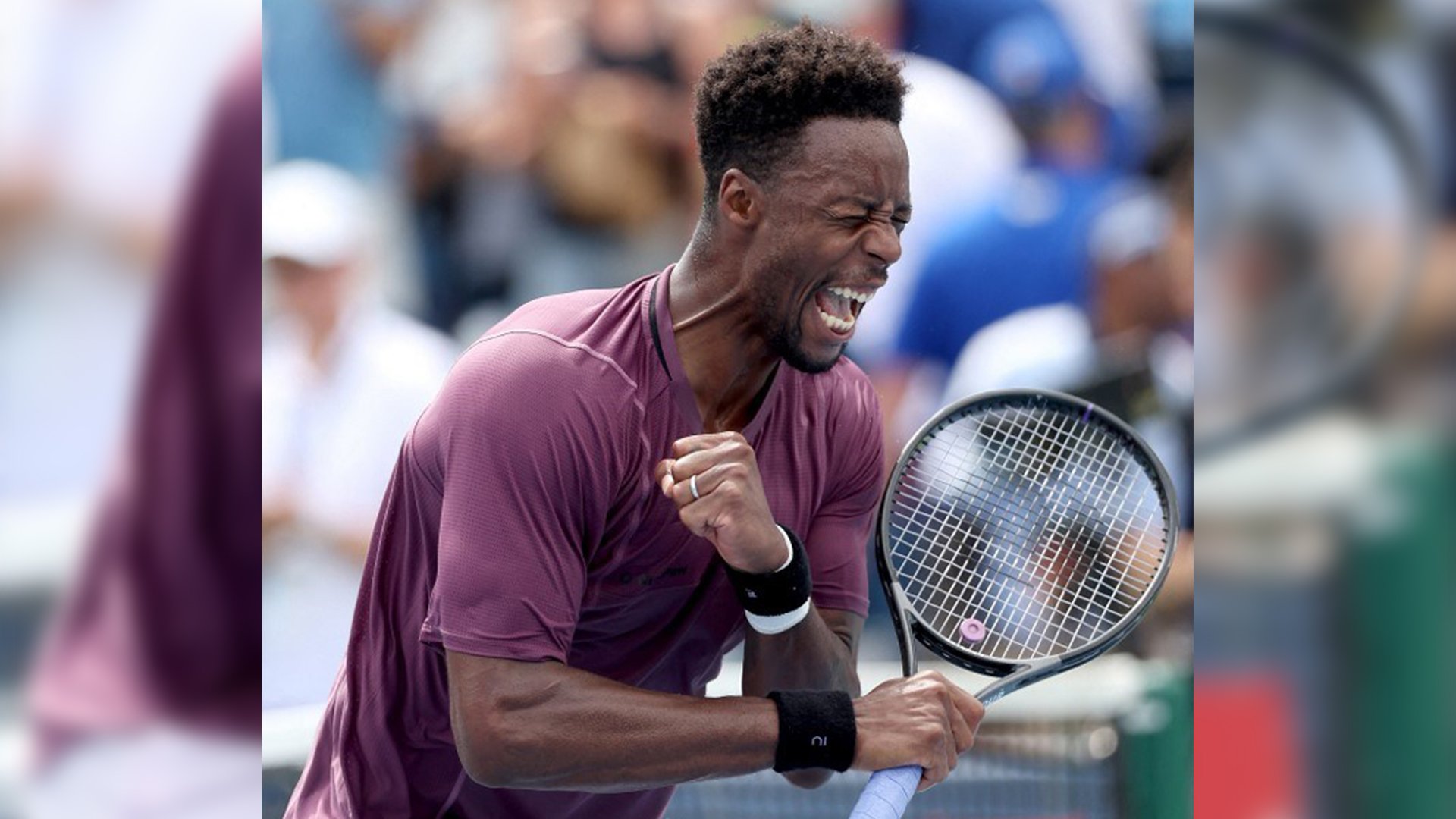 Gael Monfils celebrates after shocking top seed Carlos Alcaraz,  4-6, 7-6 (7/5), 6-4, in the ATP and WTA Cincinnati Open.