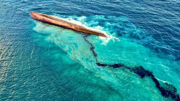 Aerial view of an overturned vessel off the coast of Trinidad and Tobago.