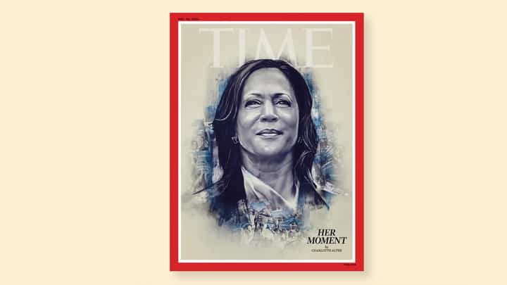 Grayscale illustration of Kamala Harris on the cover of TIME magazine