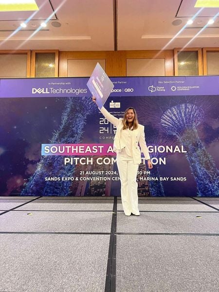 FARMTRI co-founder Marini Fernandez takes the podium for topping the regional finals of the She Loves Tech 2024 in Singapore to represent Southeast Asia in the SLT’s global championship round in November.