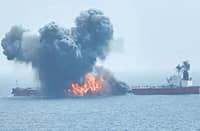 (FILE PHOTO) A handout picture released by the Houthis’ ‘media centre’ shows what they claim to be a missile, targeting a crude oil tanker in the Red Sea.