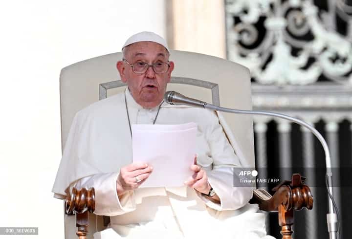 Pope Francis speaks during his weekly general audience on St. Peter's square in Vatican City on 28 August 2024.