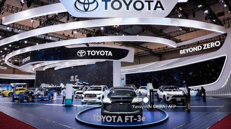 (FILES) Toyota's electric vehicle concept model FT-3e (C) is displayed during the 31st Gaikindo Indonesia International Auto Show (GIIAS) at the Indonesia Convention Exhibition (ICE) in Tangerang on 26 July 2024.