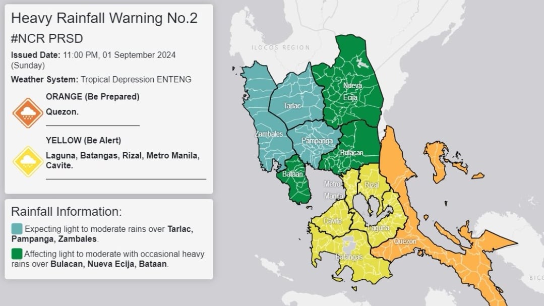 Heavy Rainfall Warning No. 2 issued due to 'Enteng' 