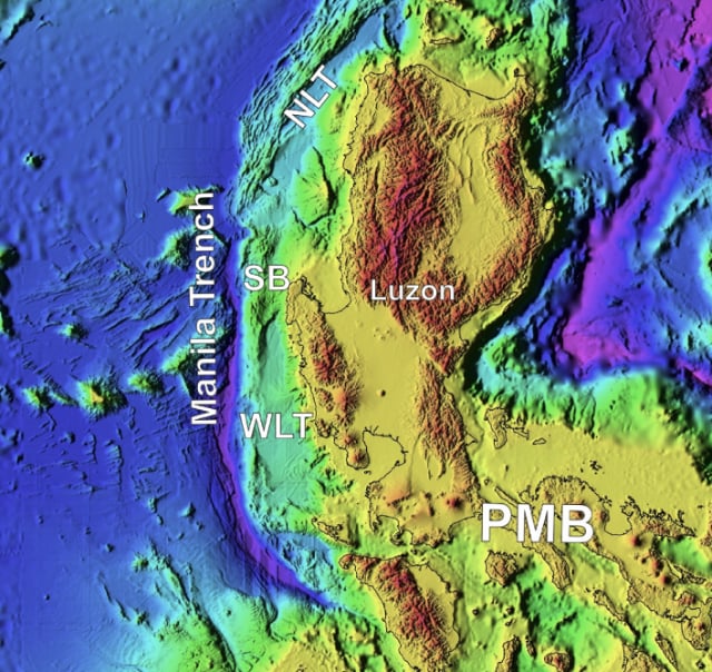 Bathymetric map of Luzon, including the Manila Trench, the North Luzon Trough, West Luzon Trough, Stewart Bank and Philippine Mobile Belt.