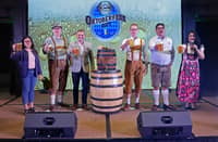 NEWPORT World Resorts chief marketing officer David Jorden (third from left) and Hilton Manila general manager John Lucas (third from right) led the ceremonial first tapping of the first keg of Oktoberfest 2024 at NWR. Also present were (from left) Distributors of Weihenstephan Brewery products managing director Larelen Go Dagondon, NWR vice president for F&B operations Knut Becker, Hilton Manila director for operations Iulai Sau and host Eiffelene Howard.