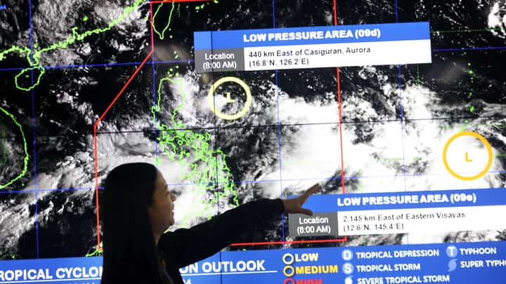 LOOK: PAGASA weather specialist Ana Clauren-Jorda provides an update on two low-pressure areas (LPAs) on 15 September 2024 at the PAGASA main office in Quezon City. She stated that the LPA east of Casiguran, Aurora, has a low chance of becoming a tropical depression within the next 24 hours. On the other hand, the second LPA has a high chance of developing into a storm within 24 to 48 hours and could enter the Philippine Area of Responsibility (PAR) on Tuesday or Wednesday.