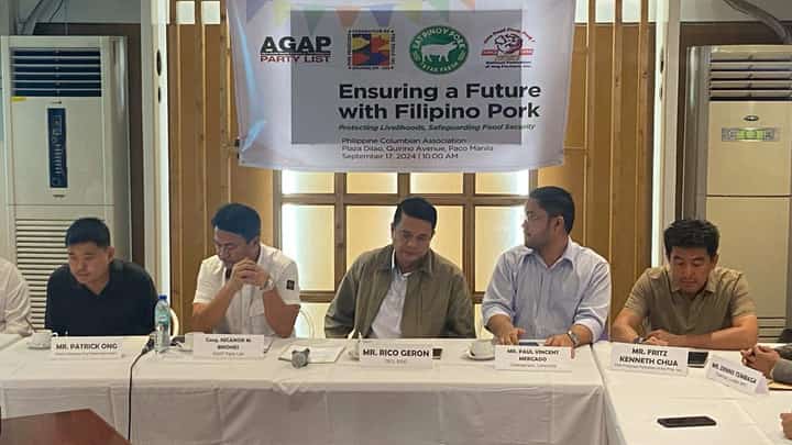 (From left) Patrick Ong, president of Rosario Batangas Hog Raisers Association; AGAP Partylist Representative Nick Briones; Rico Geron, CEO of Batangas-based Sorosoro Ibaba Development Cooperative; Paul Vincent Mercado, chairperson of LIMCOMA Multi-purpose Cooperative, and Fritz Kenneth Chua of Pork Producers Federation of the Philippines Inc. on Tuesday urged the government to speed up the inoculation process for pigs to resolve the continued infestation of African swine fever, in a press conference in Manila.