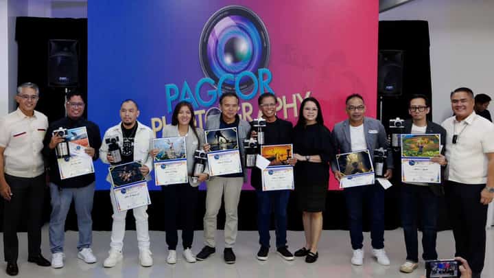 PAGCOR President and COO Wilma Eisma (4th from right) together with Directors Francis Concordia (extreme right) and Gilbert Remulla (extreme left) award the trophies, certificates and cash prizes to the 2024 PAGCOR Photography Contest conventional category grand prize winners.