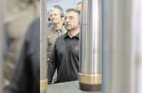 Ukrainian President Volodymyr Zelensky observes the completion of the rough turn process for 155MM rounds while at the Scranton Army Ammunition Plant in Scranton, Pennsylvania. Zelensky arrived in the United States for a crucial visit to present Kyiv’s plan to end two and a half years of war with Russia.