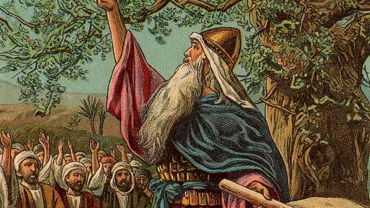 Joshua Renewing the Covenant with Israel and; as in Joshua 24:14-28; illustration from a Bible card published by the Providence Lithograph Company