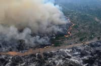 (FILES) Aerial view of an area of Amazon rainforest deforested by illegal fire in the municipality of Labrea, Amazonas State, Brazil, taken on 20 August 2024. The Amazon, a crucial ecosystem for climate regulation, lost in less than four decades an area of forest almost as large as Colombia, according to a study by the RAISG monitoring network accessed by AFP on 23 September.