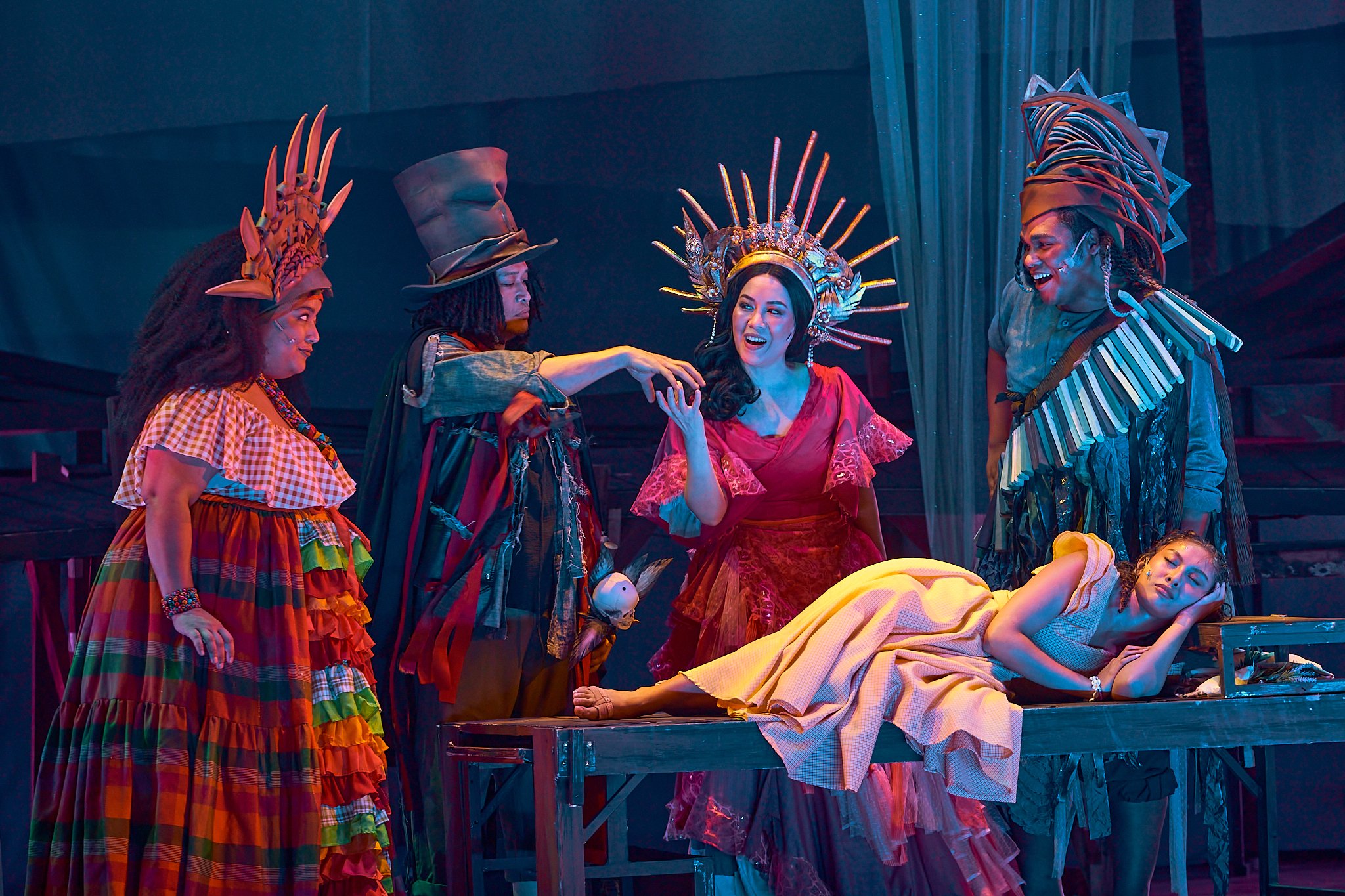 RADHA, Lorenz Martinez, Shiela Valderama-Martinez and Garrett Bolden, Jr. as the four gods, with Thea Astley as Ti Moune.