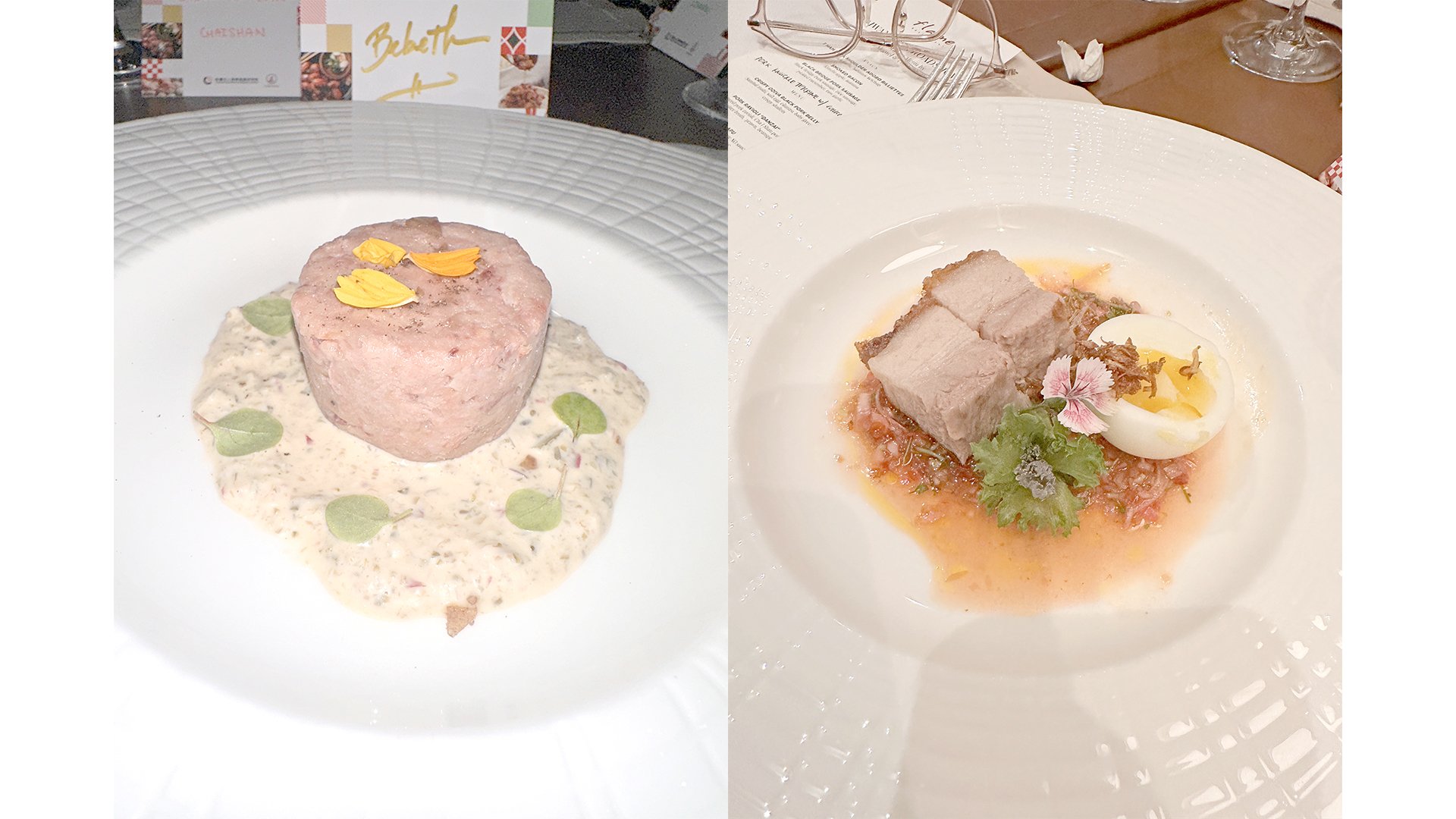 PORK Knuckle Terrine with sauce gribesh & CRISPY Odiva Black Pork Belly with sambal matti and soft-boiled egg.