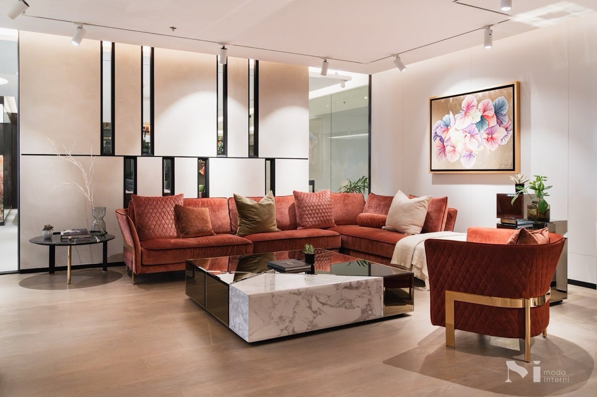 The Opera Contemporary Cosmo sofa set and Cyrano marble table.