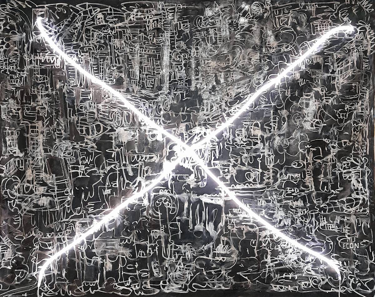 ‘Black Flagg’ (mixed media on tarpaulin, 59.5 by 72.5 inches, 2024).