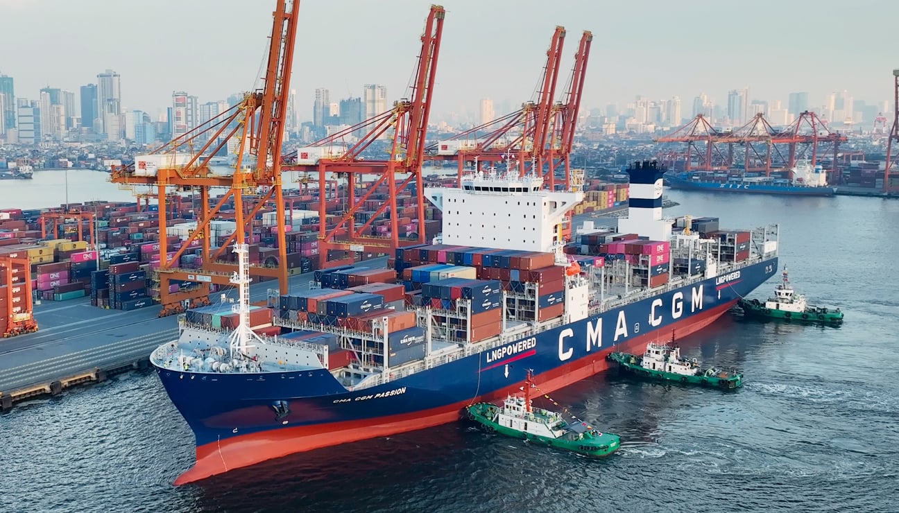 The 7,327-TEU CMA CGM Passion operates under CNC’s KCS service docked at the MICT as the first green vessel to visit the International Container Terminal Services Inc.-operated port.