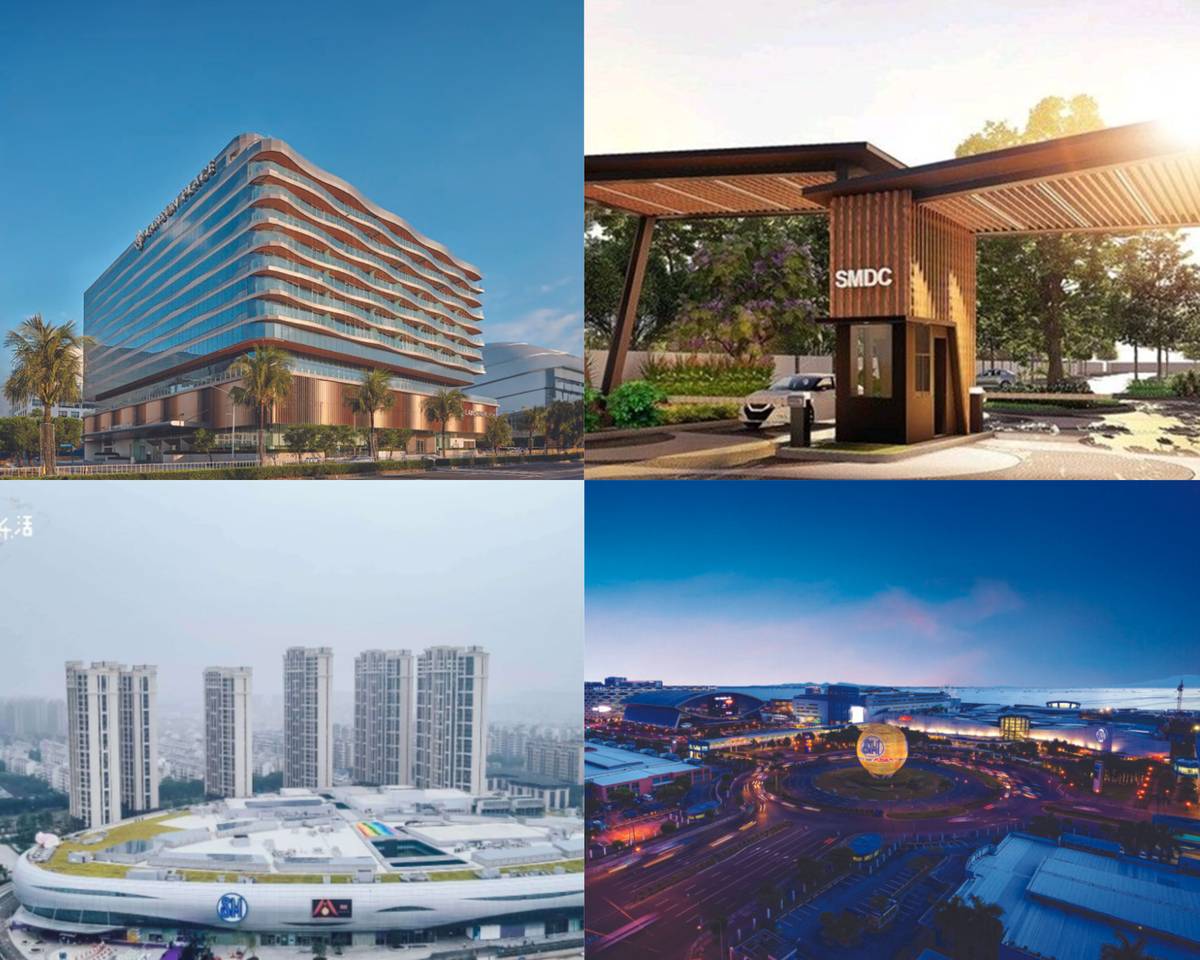 From Left to Right, Top to Bottom: Lanson Place, SM Development Corporation (SMDC) Turf Residences, SM City Yangzhou in China, and SM Mall of Asia Complex