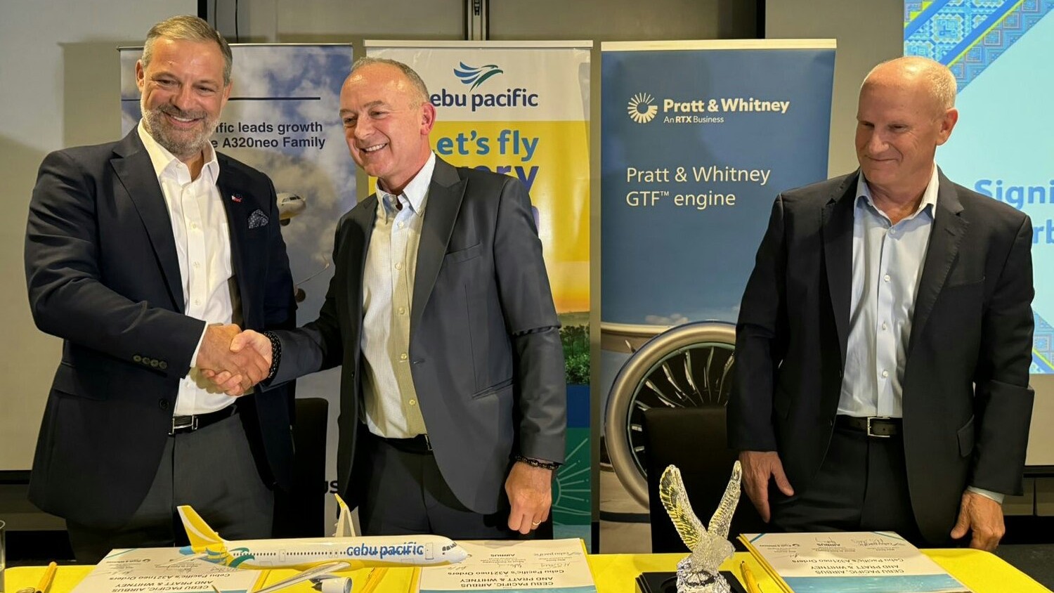 The pivotal P1.4-trillion deal was signed among (from left) Airbus executive vice president for sales Benoit de Saint-Exupery, Cebu Pacific CEO Michael Szucs, and Pratt & Whitney president for commercial engines Rick Deurloo.