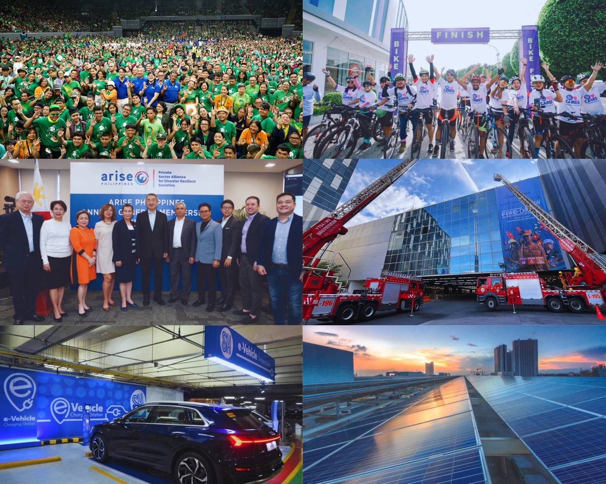 From Left to Right, Top to Bottom: SM Cares’ Angels Walk, SM Cares’ Bike-Friendly Program, ARISE Philippines Chairperson Mr. Hans Sy and Members, SM Supermalls x Bureau of Fire Protection’s (BFP) Nationwide Simultaneous Fire Drill, SM Supermalls’ Electric Vehicle (EV) Charging Stations, and SM Prime’s Solar Rooftop Project